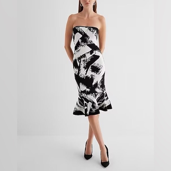 Express Body Contour Strapless Printed Midi Dress Black & White Size Medium - Picture 1 of 8